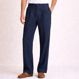 Vintage Claiborne Men’s Linen Blend Dress Pants 34R Navy Cuffed Italian Fabric